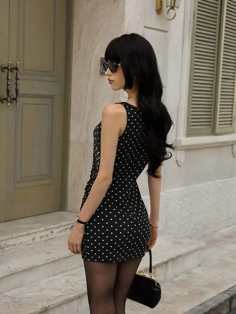 Dot Sleeveless Ruched Waist Fitted Short Elegant Dress For Women
