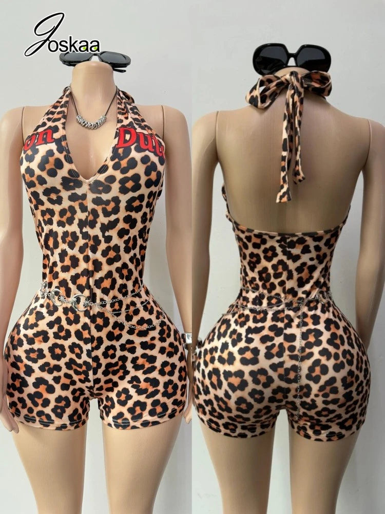 Joskaa 2026 Summer Women's Print Backless Playsuit Sexy Cross Halter Bandage Deep V-Neck Sleeveless Skinny Romper Party Clubwear