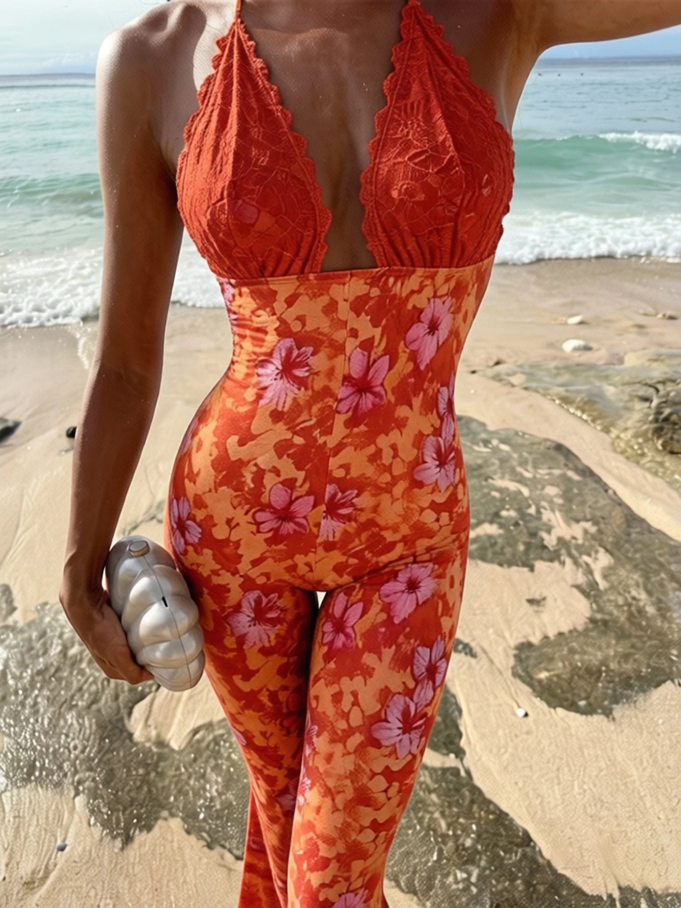 Women Halter Neck Lace Trim Floral Print Flared Jumpsuit Boho Spring Summer Vacation Beach Date Lightweight Flattering Jumpsuit