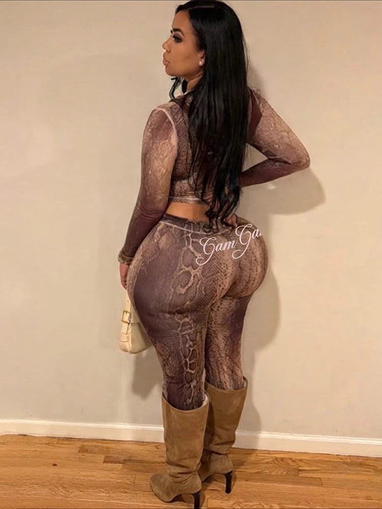 Kliou Serpentine Design 2 Piece Set Woman Letter Print Zip Full Sleeve Crop Jacket+Skinny Long Pants Street Sexy Wild Style Suit