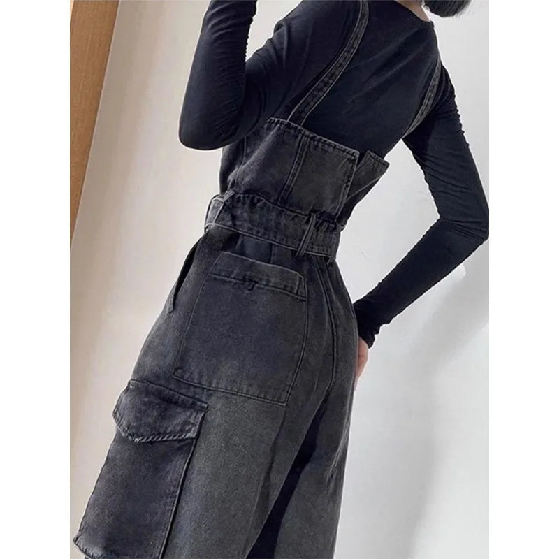 Women's Summer Adjustable Straps Cargo Pocket Denim  Non-Stretch High Waist Wide Leg Casual Vintage Y2K Streetwear Jumpsuit