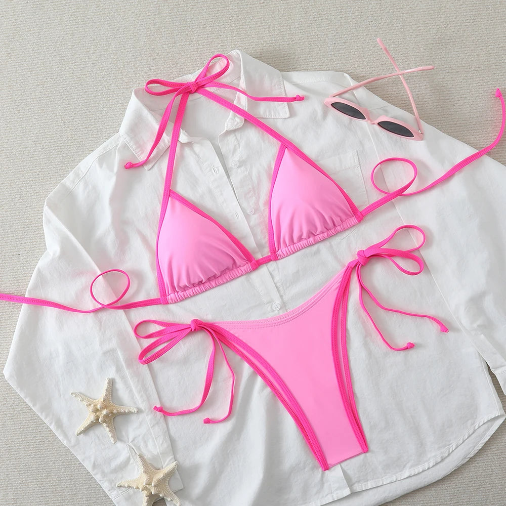 NEW SEXY Halter Lace Up Bikini Set Women's Swimsuit Two-piece Triangle Thong Tie On Side Low Waist Swimwear Brazilian Biquinis