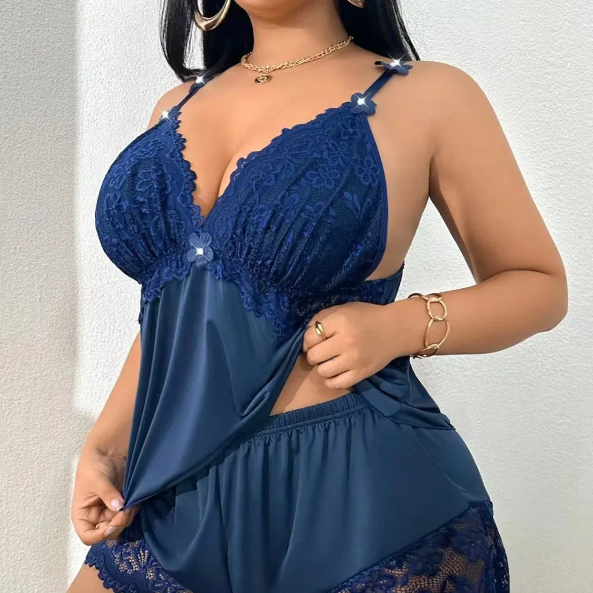 Plus Size Lace Camisole Nightdress Sexy Shorts Set Pure Desire Loungewear Solid Color Casaul Shorts Sets Pure Desire Charming