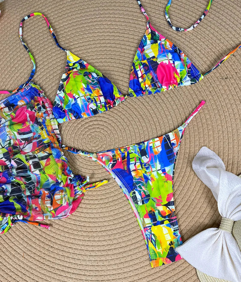 Sexy Printed 4 Piece Bikinis Women Women Push Up Swimwear With Wrap Long Sleeve Skirt Swimsuit Bathing Suit Beach Wear Female