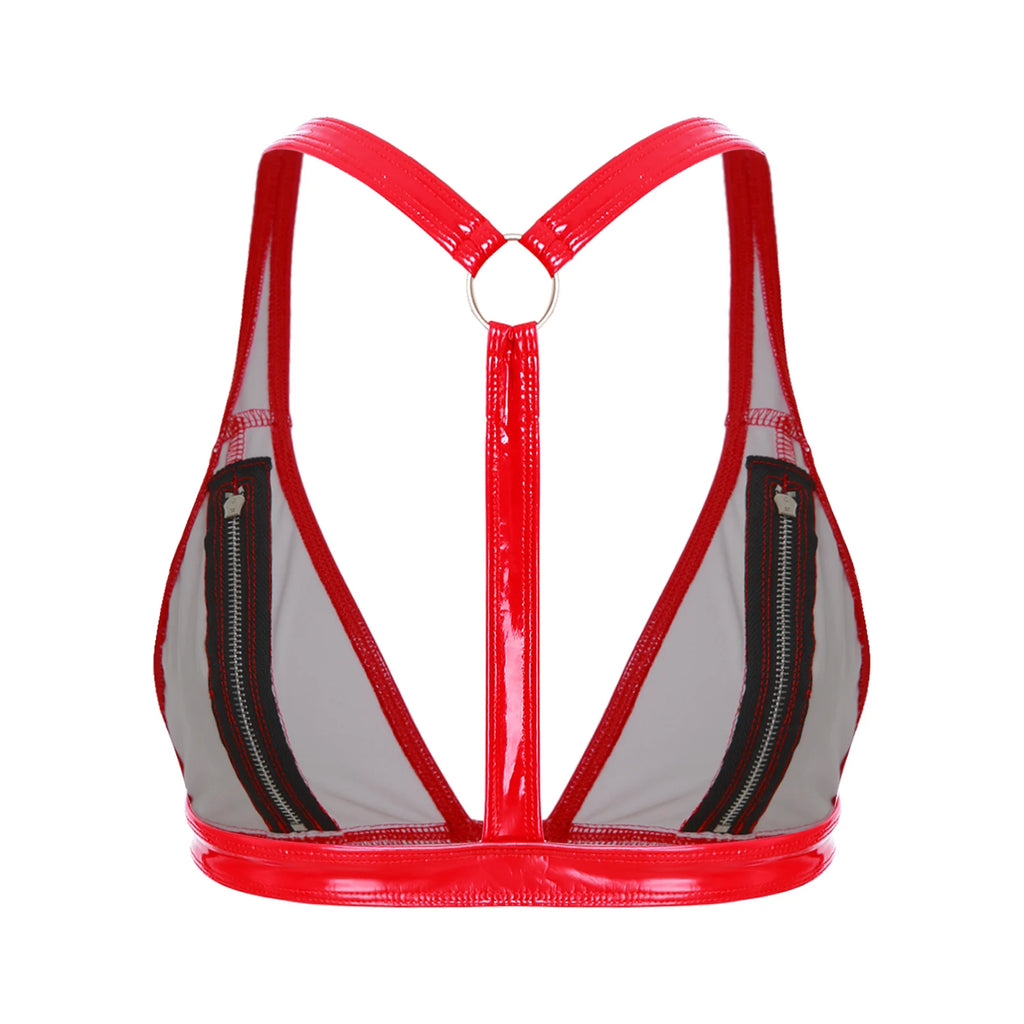 Womens Lingerie Latex Bra Tops Zipper Open Breast Exposing Hot Sexy Bustier Bra No-pad Cup O-ring Y-back Bralette Crop Tops