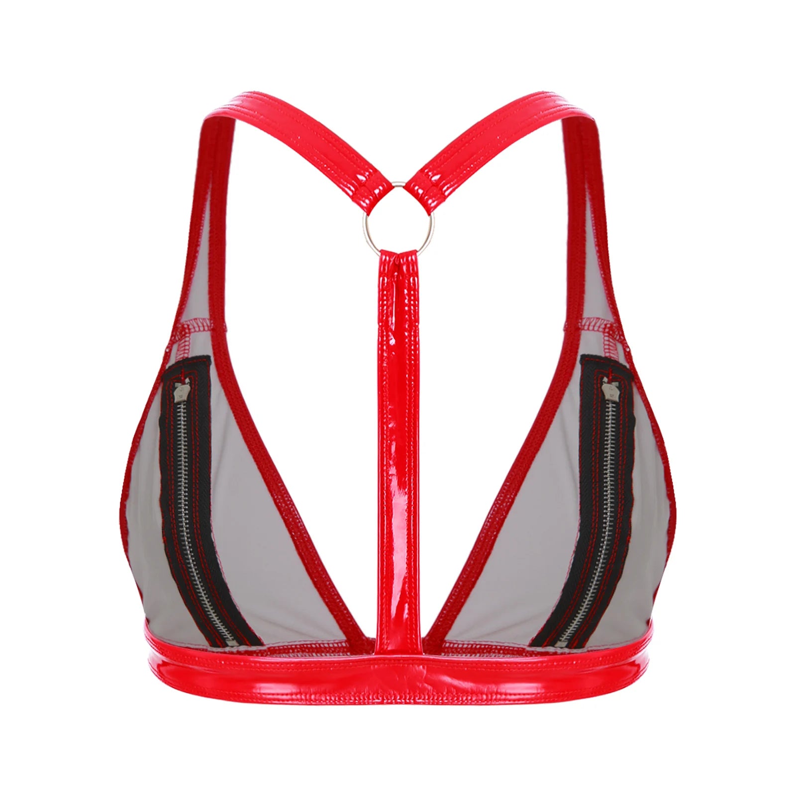 Womens Lingerie Latex Bra Tops Zipper Open Breast Exposing Hot Sexy Bustier Bra No-pad Cup O-ring Y-back Bralette Crop Tops