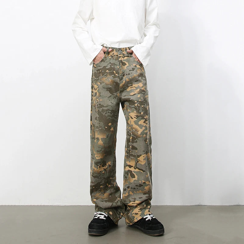 PFNW American 2025 New Tide Camouflage Jeans Men's Ins Loose Straight Wide Leg Casual Denim Pants Loose Male Trousers 12C2036