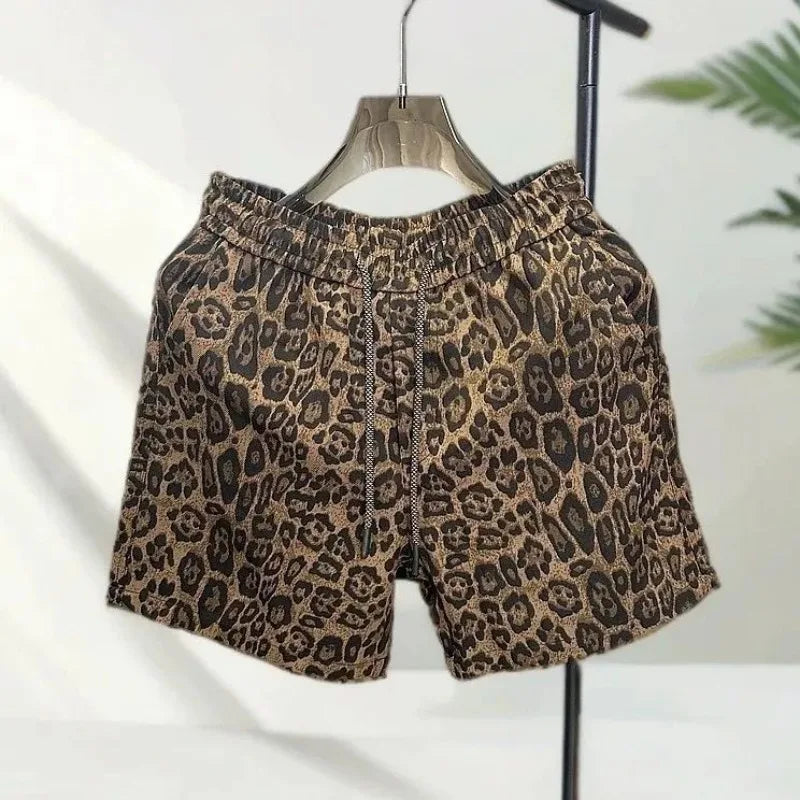 American Retro Leopard Print Shorts Men's Elastic Waist Hip-Hop Street with Pocket Casual Shorts Sportswear Straight-leg Shorts