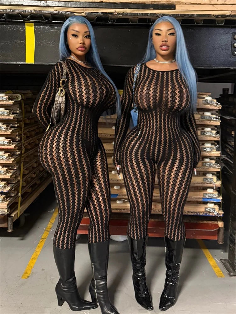 Weird Puss Hottie See Through Jumpsuit Women O-Neck Irregular Stripe Patchwork Jacquard Hollow Sexy Street Stretch Slim Overall