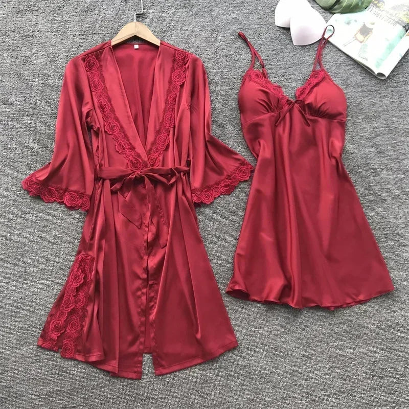 2PCS Female Lace Pajamas Set Satin Home Pyjamamas Lace Robe Sleep Suit V-Neck Wedding Nightwear Silk Dress Women Sleepwear