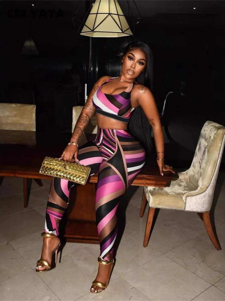 CM.YAYA Fashion Printed Women's Set Sleeveless Tank Top and Leggings Pants 2025 Active Street Two 2 Piece Set Outfit Tracksuit