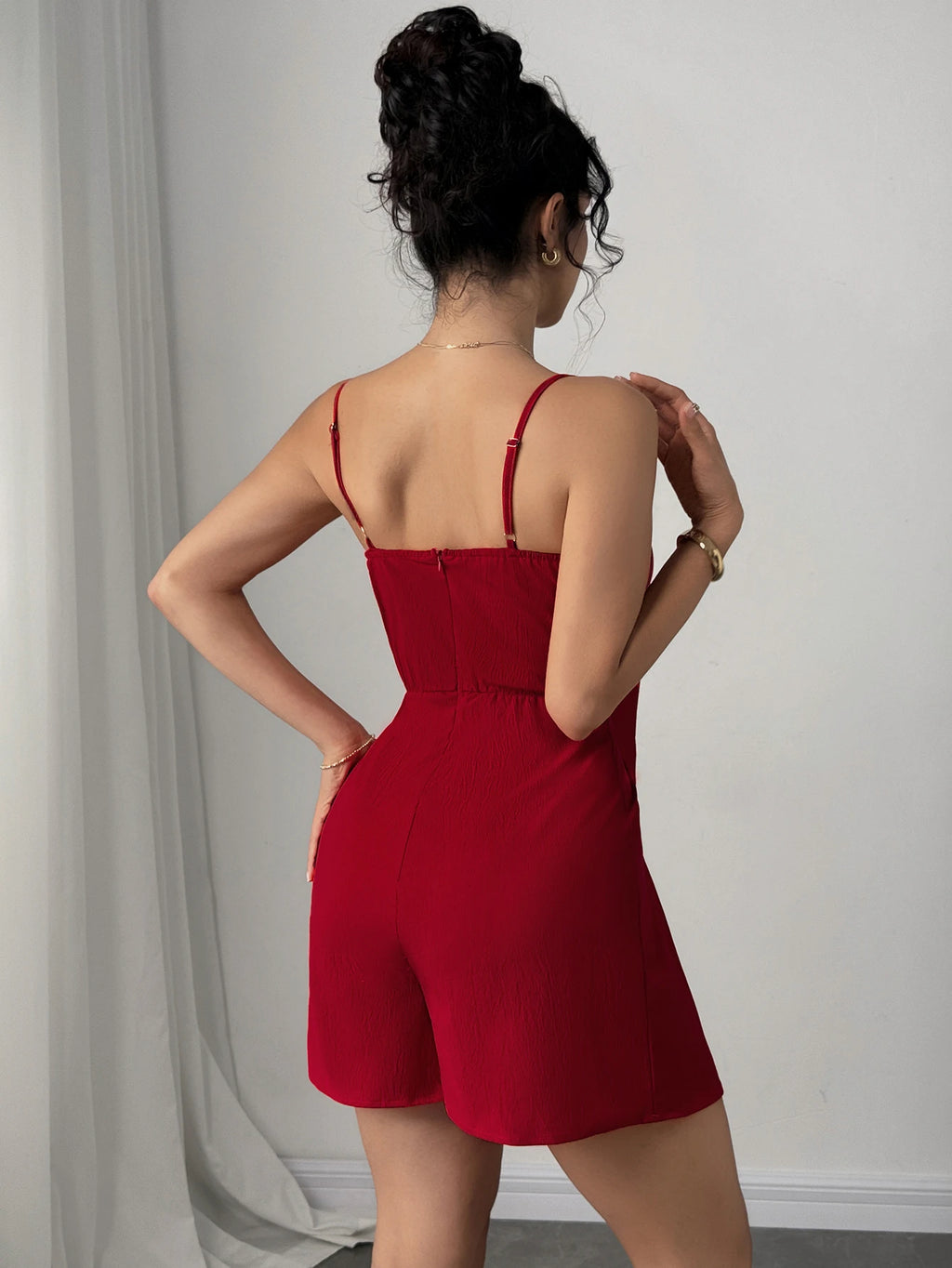Women's Red Spaghetti Strap Romper Bow Front Cutout Sleeveless Waist-Cinched Short Jumpsuit Elegant Spring Summer Party Romper