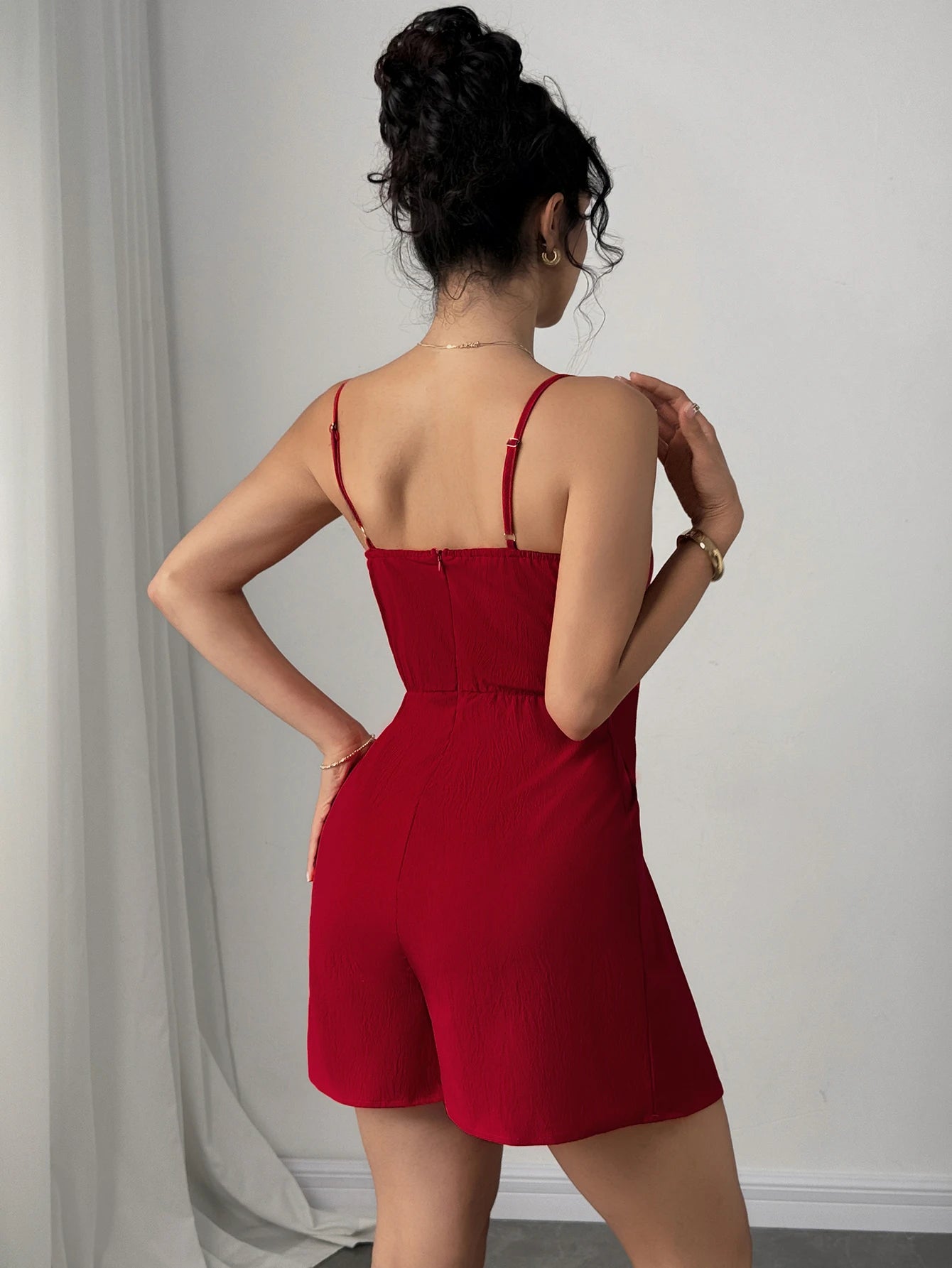 Women's Red Spaghetti Strap Romper Bow Front Cutout Sleeveless Waist-Cinched Short Jumpsuit Elegant Spring Summer Party Romper