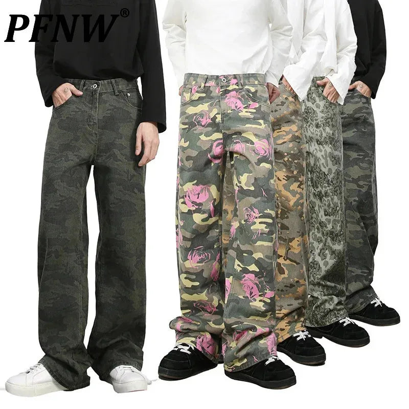 PFNW American 2025 New Tide Camouflage Jeans Men's Ins Loose Straight Wide Leg Casual Denim Pants Loose Male Trousers 12C2036