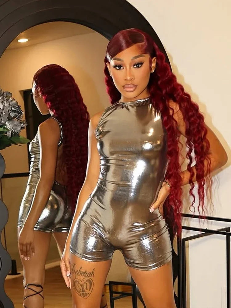 Silky Shiny Women Playsuits Fashion Solid Stunning Reflective O-neck Backless Sleeveless Slim Rompers Mujer Party Clubwear