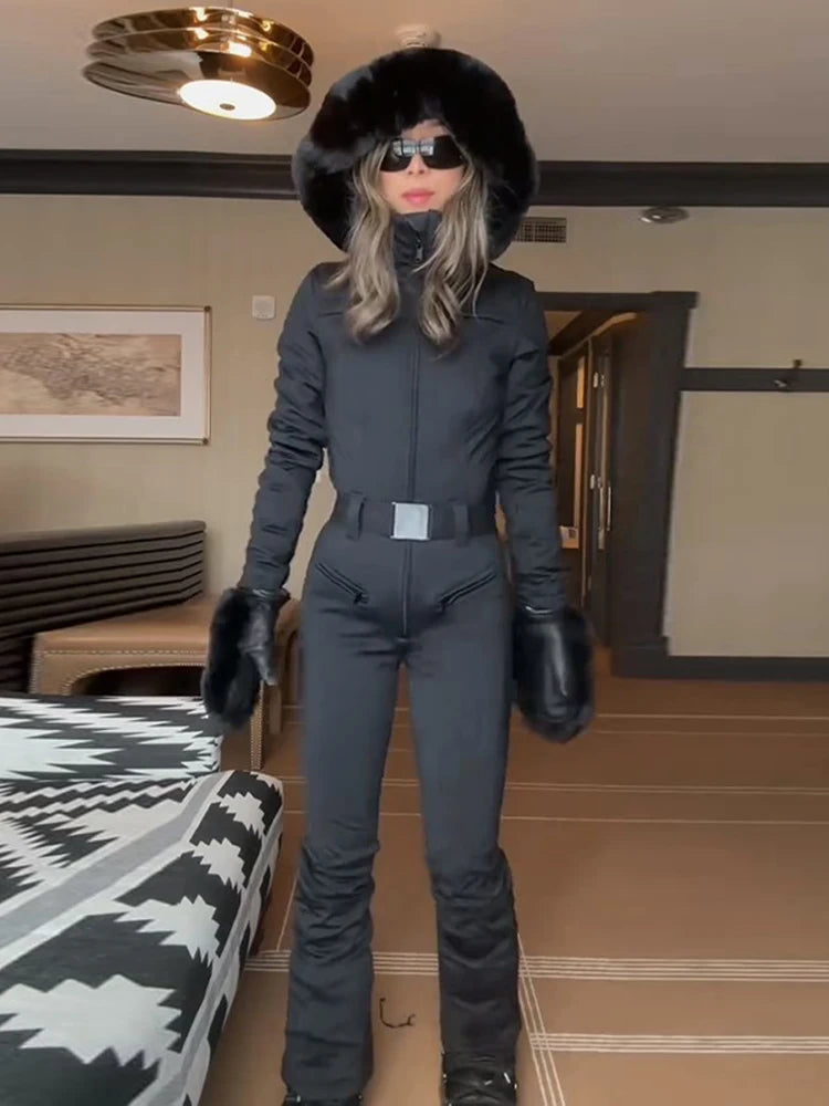 Fur-Trimmed Hooded Belted One-Piece Ski Suit Slim Windproof Water-Resistant Cuff 2025 Winter Fashion Women Fashion Snow Bodysuit