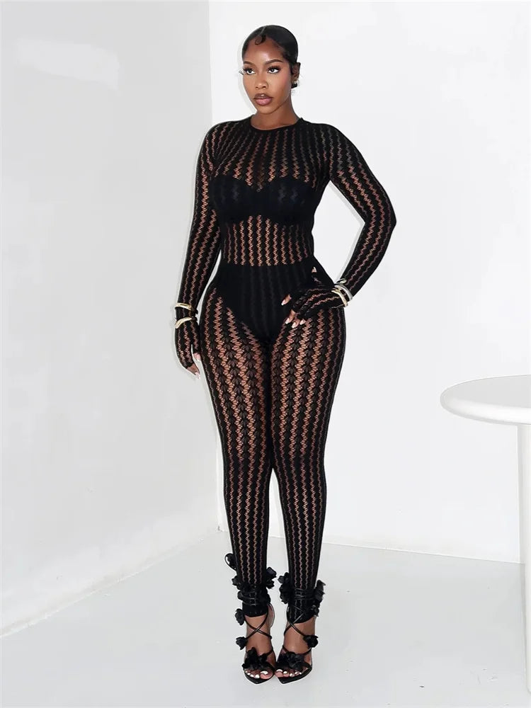 Weird Puss Hottie See Through Jumpsuit Women O-Neck Irregular Stripe Patchwork Jacquard Hollow Sexy Street Stretch Slim Overall