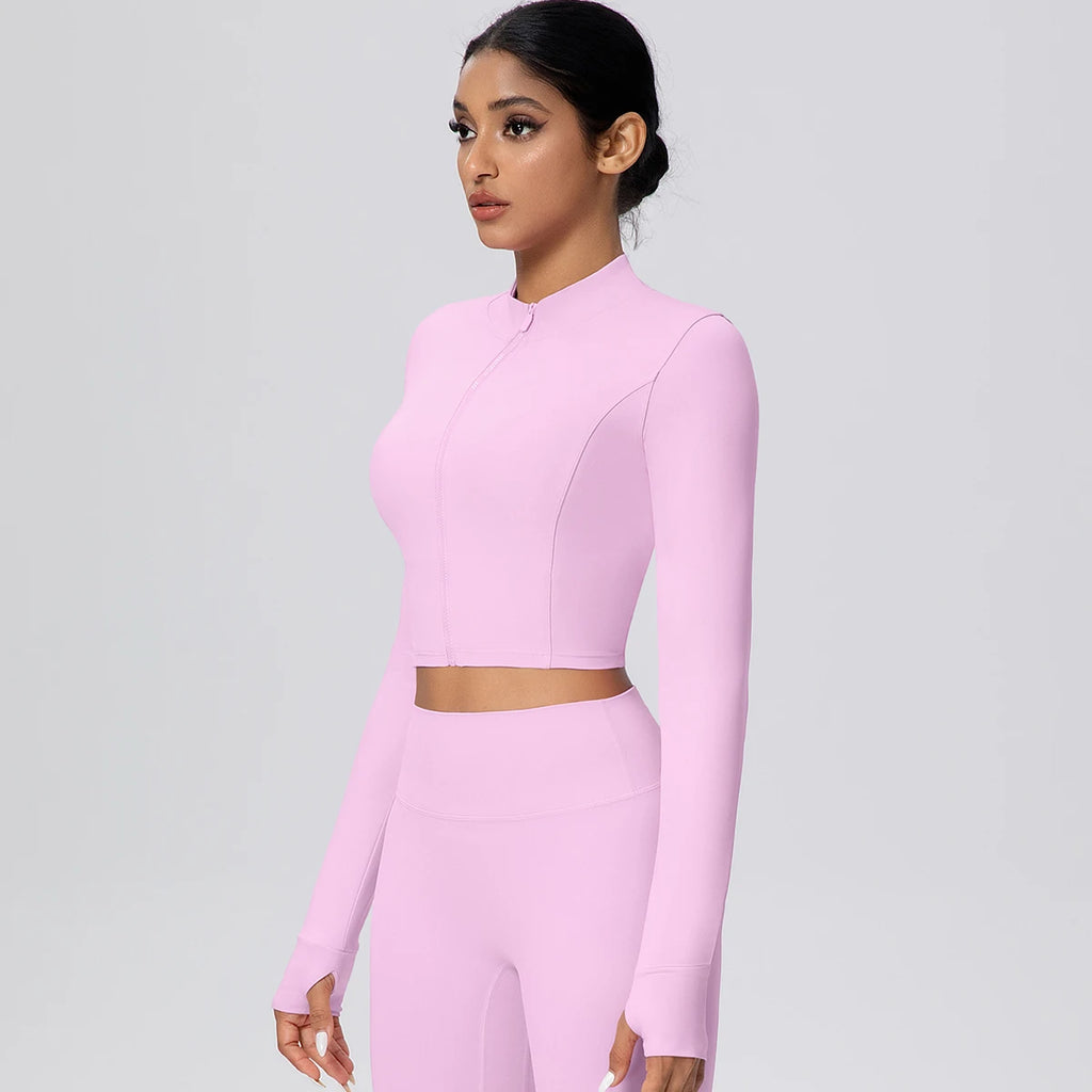 Woman Solid Color Slim Casual Zipper Long Sleeves Yoga Tight Naked Feel Sports Thumb Hole Gym Workout Top Running Yoga Jacket