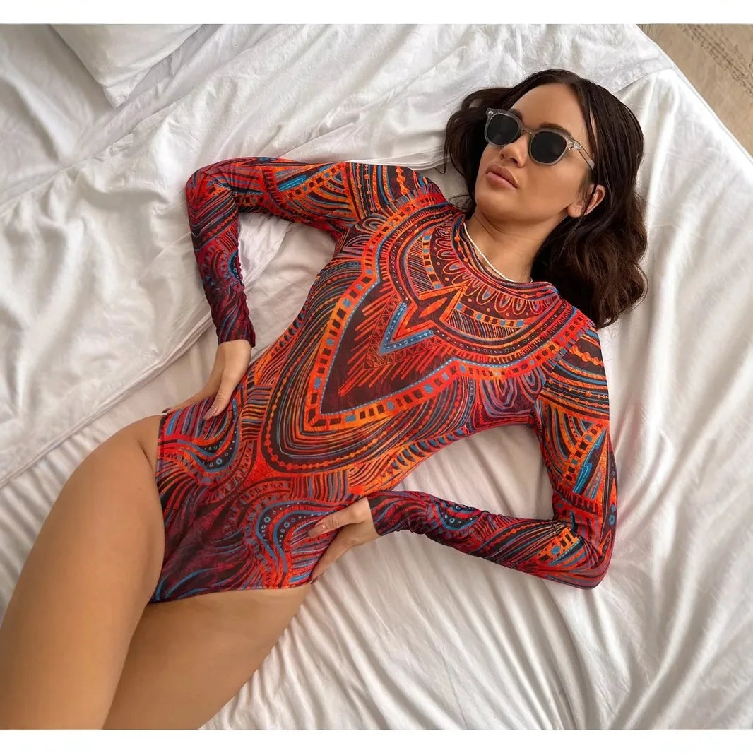 New Summer Women's Sexy Mesh One-piece Bikini Positioning Printed Swimsuit