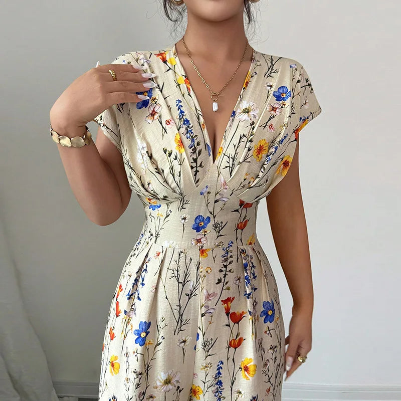 Spring and Summer Women's European and American Classic Elegant Fresh Flower Print Short Sleeve High Waist Straight Leg Jumpsuit