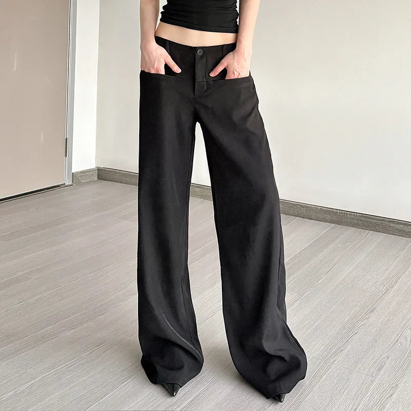 Black Wide Leg Suit-pants Korean Fashion Low Rise Loose Casual Pants for Women y2k Streetwear Basic All-match Pants Lady