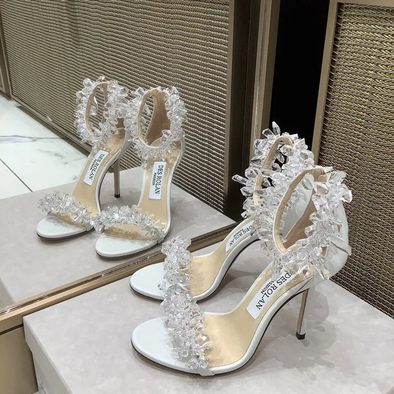 2026 summer new ice flower crystal high heels fairy wind word with thin heel white rhinestone sandals