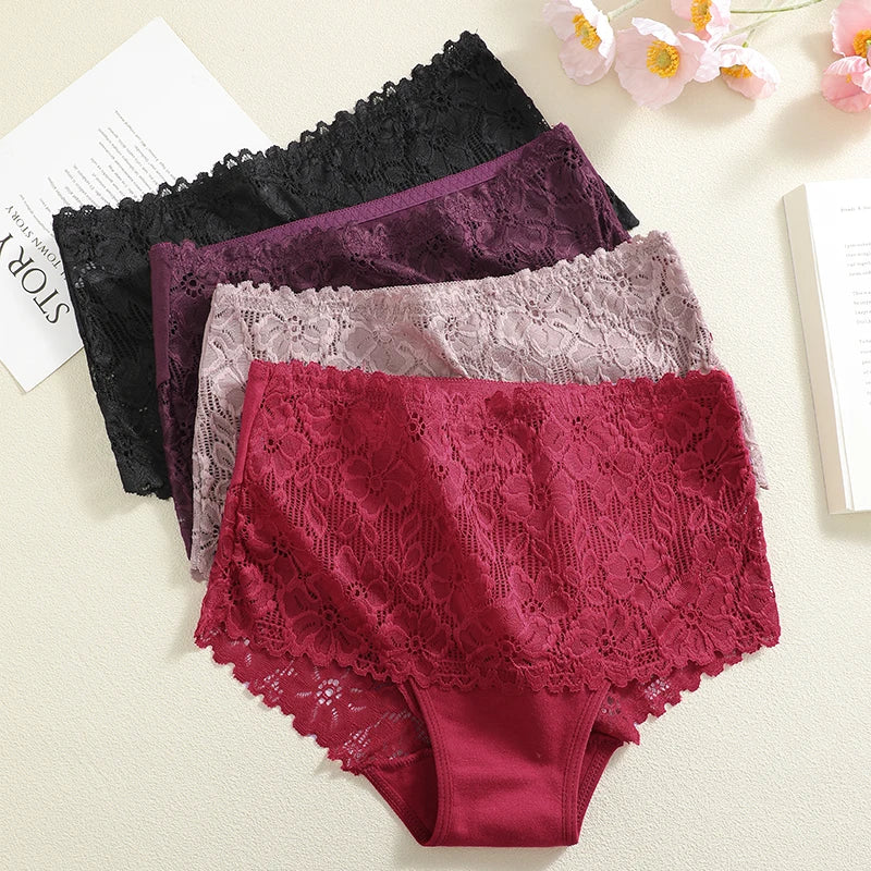 4Pcs/Set High-Waisted Hollow Out Lace Panties For Women Soft Cotton Crotch Breathable Comfortable Pan