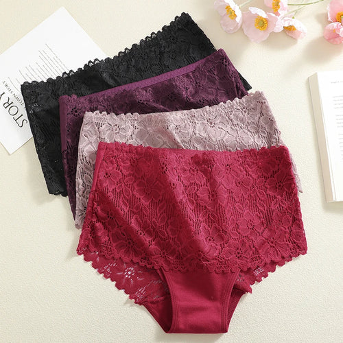 4Pcs/Set High-Waisted Hollow Out Lace Panties For Women Soft Cotton Crotch Breathable Comfortable Pan