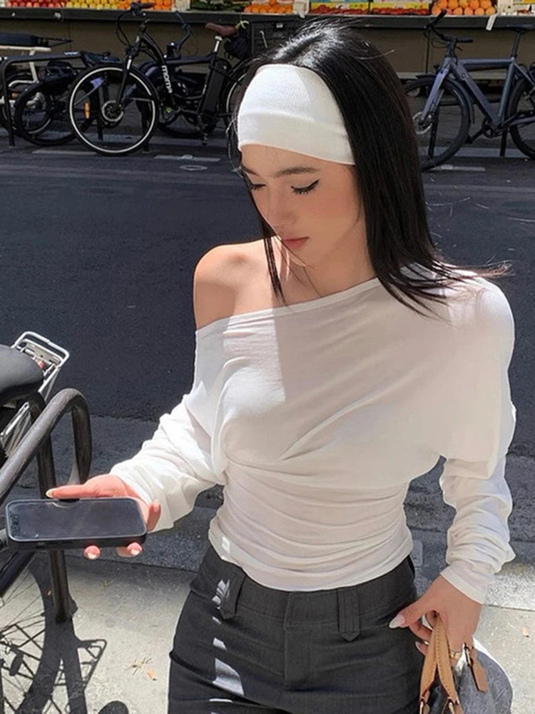 Solid Inclined Shoulder Batwing Long Sleeve T-shirts Tops 2025 Autumn Women Fashion Sexy Backless Slim Casual Streetwear Tees