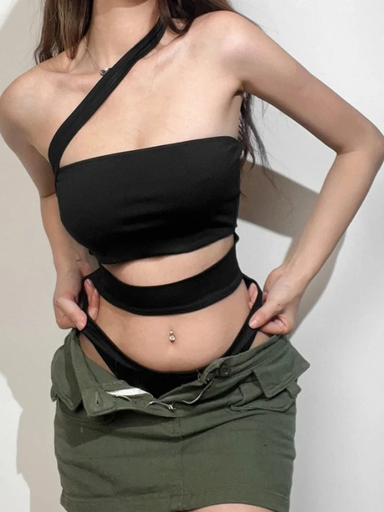 Solid Black Bodysuit Lingerie Sexy Tops For Women Club Outfit Inclined Collar Body Feminino One-pieces Hollow Out Y2k Clothes