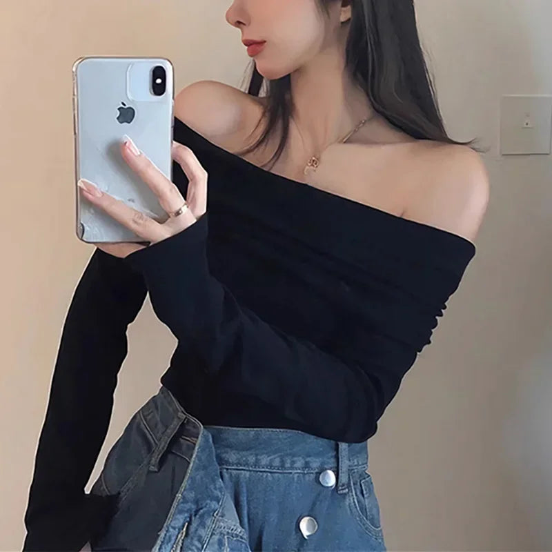 Women Off Shoulder Long Sleeve Knitted T-shirt Sexy Tops Solid Elegant Autumn Winter New Spicy Girl Slim Fit Short Red Crop Top