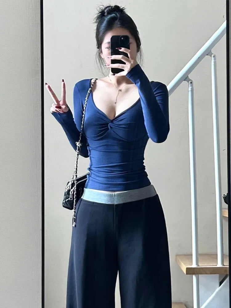 Women Fashion Deep V Neck Tops Long Sleeve T Shirt Autumn Female Sexy Low Cut Solid Slim Fit T-shirts Aesthetic Clothes