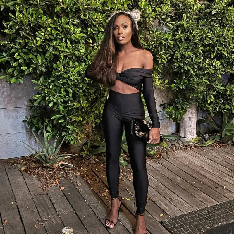 Oshfall European and American 2024 autumn new solid color V-neck twisted hollow navel sexy high waist long sleeve jumpsuit
