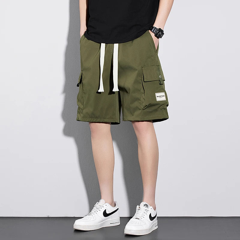 Streetwear Men's Solid Color Cargo Shorts with Pockets Drawstring Waist Elastic Side Loose Fit Chino Summer Lightweight Trousers
