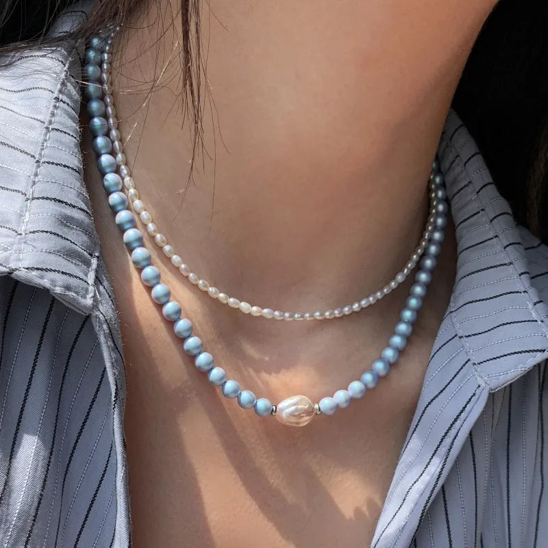 Minar Good Quality Blue Color Irregular Baroque Freshwater Pearl Beaded Necklace for Women Silver Plated Chain Strand Chokers