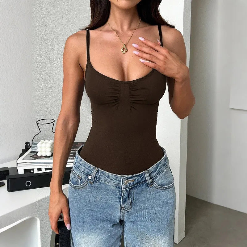 Women Sexy Sling Strap Vest Bodysuits Solid Deep U Neck Sleeveless Adjustable Shoulder Strap Jumpsuits Summer Slim Fit Camisole