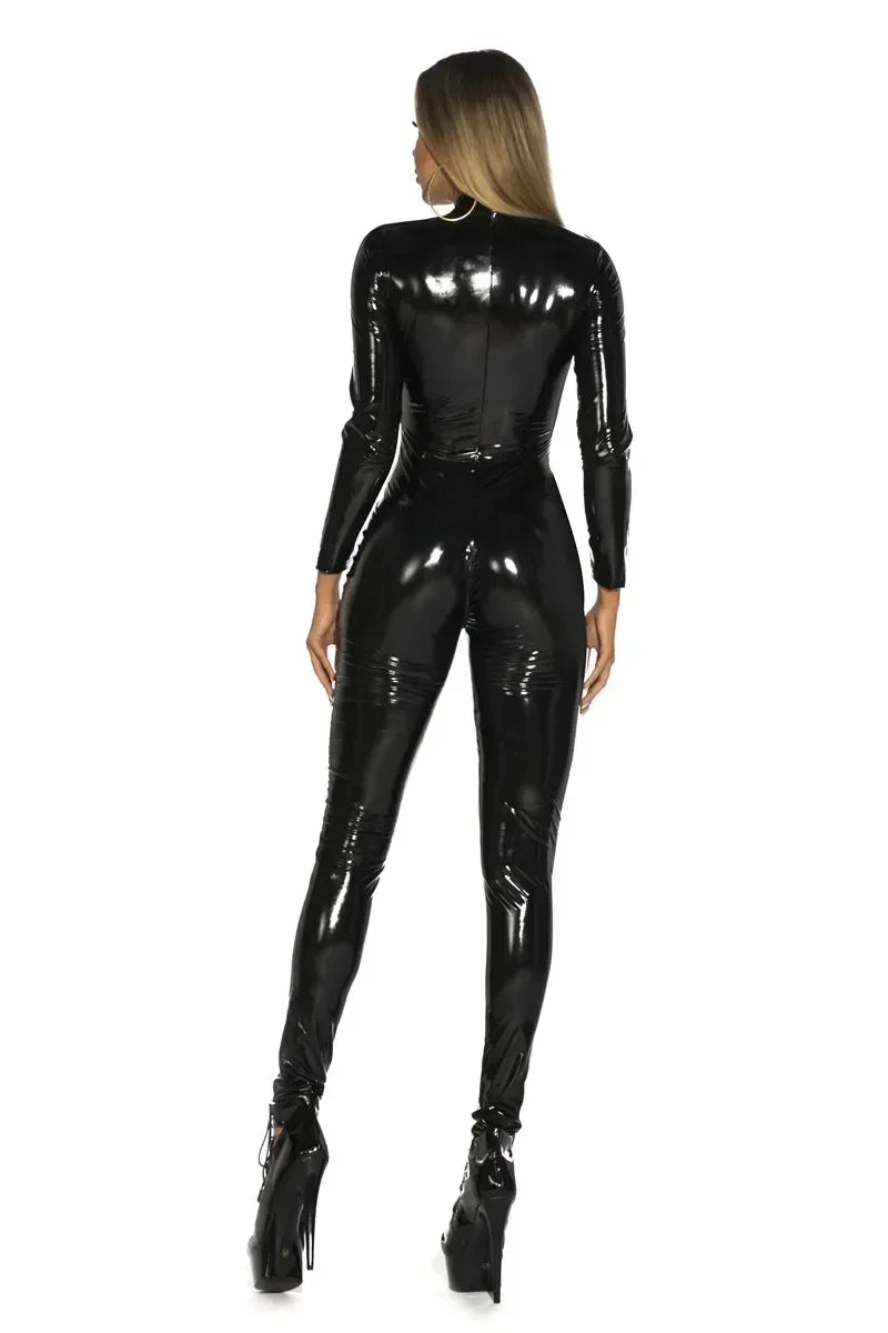 2025 Halloween Plus Size Women Black Red Pink Sexy Shiny Patent Leather PU Zipper Open Crotch Jumpsuit Nightclub Wet Look