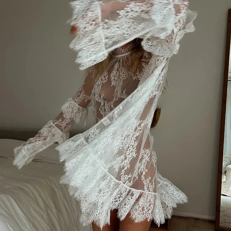 Sexy See Through Cover Ups for Swimwear Women Lace Embroidery Stand Collar Long Sleeve Bikini Cover Up 2025 Vacation Beach Dress