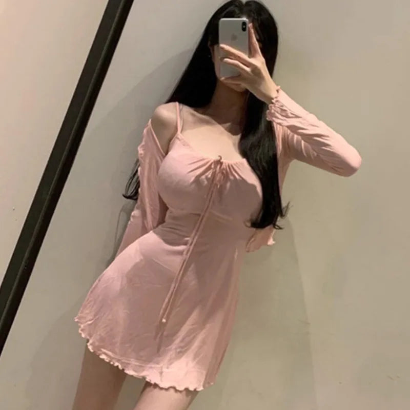 Korean Dongdaemun Comfortable Thin Open Cardigan Waist Cinched Bodycon Wood Grain Edge Strap Dress Sexy Chic Spring Cotton Bl...