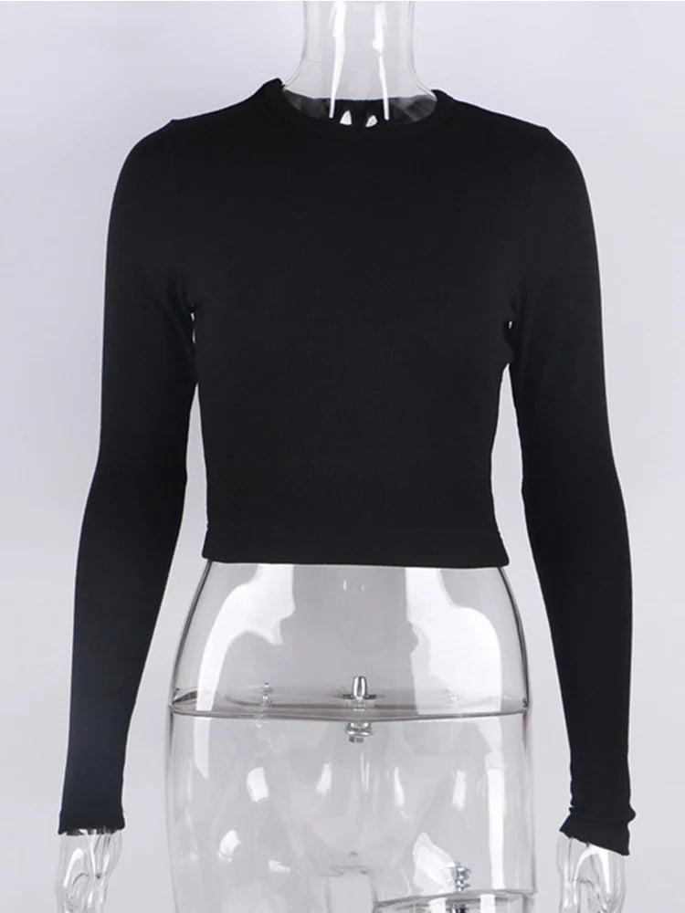 O Neck Long Sleeve Shirt Women Ribbed Sexy Cropped Tops 2024 Spring Black Casual Skinny Slim Basic Woman T Shirts White