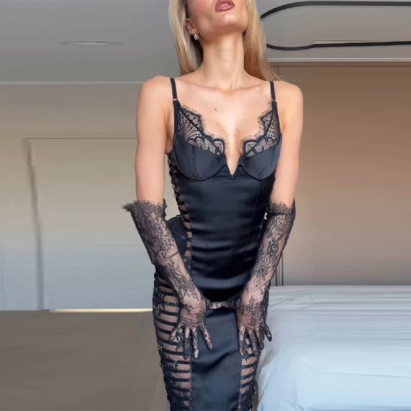 Women's  Sexy Lace Black Satin Slim Fit Dresses Luxury Trendy Vneck See Through Vistidos Elegant Night Club Party A Line Gown