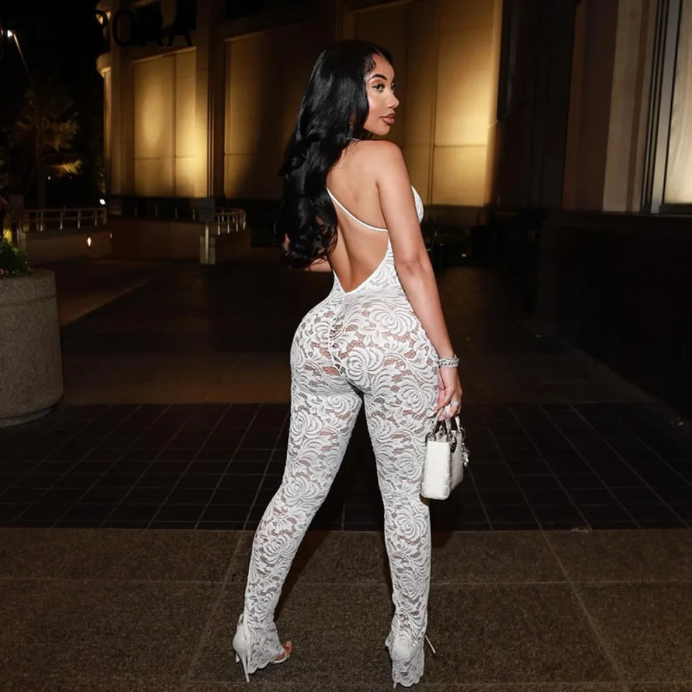 FLARORA Fancy Sheer Lace Jumpsuits Woman V Neck Cross Backless Sleeveless One Piece Overalls Sexy Female Party Clubwear Jumpsuit