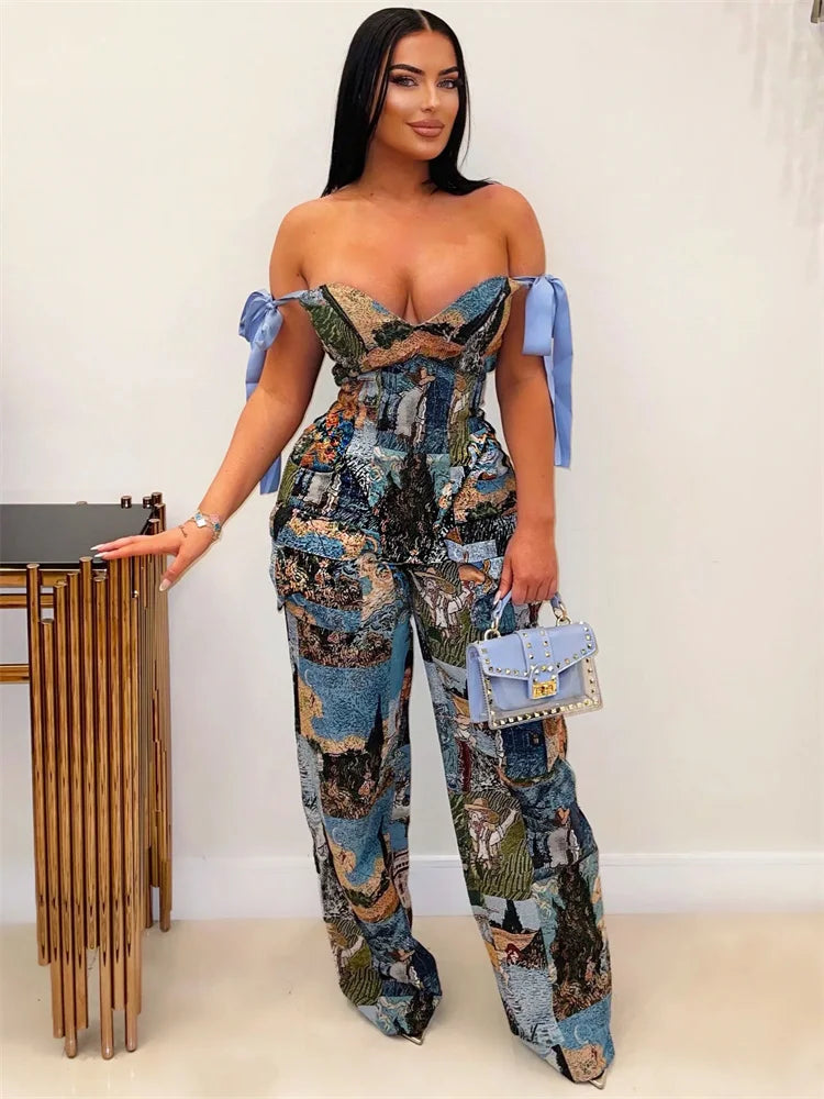kliou Panelled Trend Print Women 2 Piece Set Attractive Bandage Off Shoulder Tops+Elastic Waist Loose Pants Female New Outfits