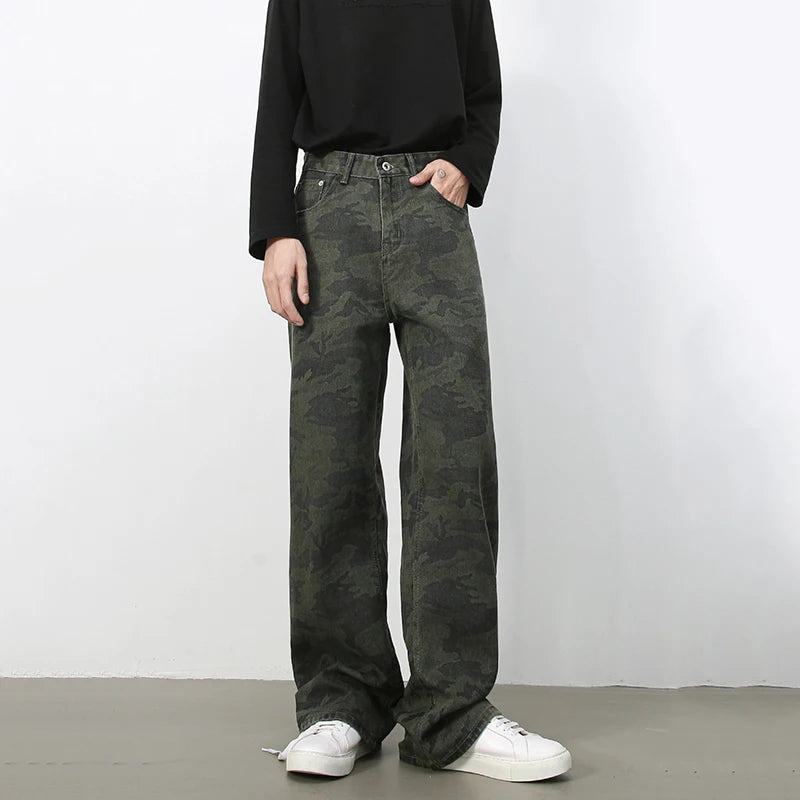 PFNW American 2025 New Tide Camouflage Jeans Men's Ins Loose Straight Wide Leg Casual Denim Pants Loose Male Trousers 12C2036