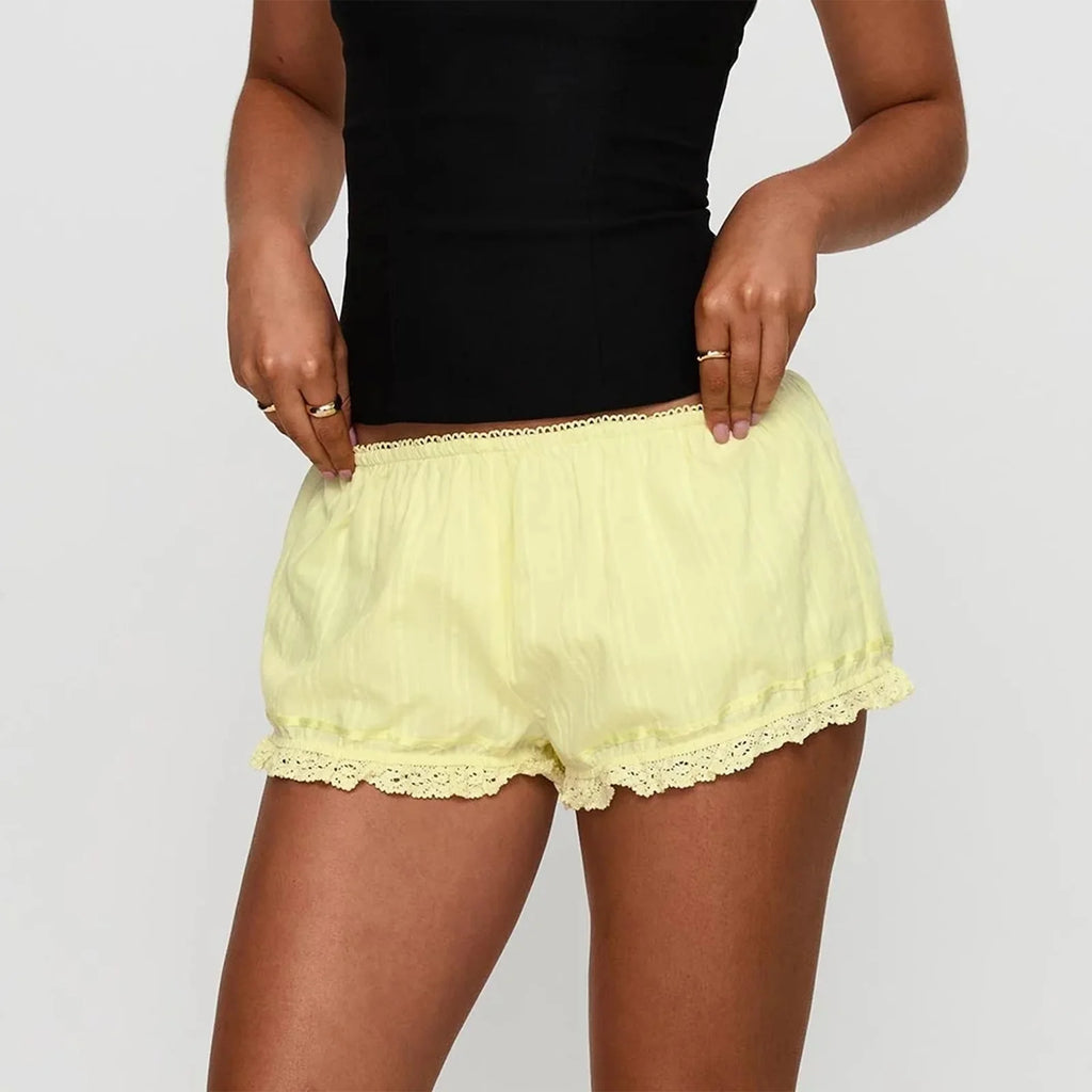 Women's Summer Fashion Casual Shorts Shorts Solid Color Lace Trim Elastic Waist Short Pants Yellow/White