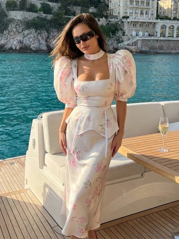 Satin Floral Print Maxi Dress Puffed Sleeve Halter Neck Waist Cinched 2026 Summer Vacation Women Vestido Fashion Chic Lady Gown