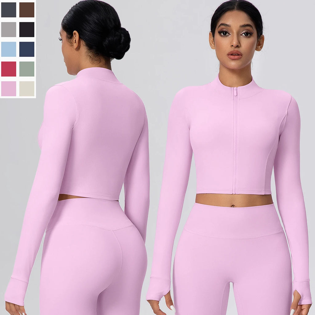 Woman Solid Color Slim Casual Zipper Long Sleeves Yoga Tight Naked Feel Sports Thumb Hole Gym Workout Top Running Yoga Jacket