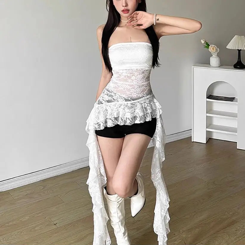 Summer Women Sexy Lace Splice Tube Top Vest Irregular Ruffle Hem Slim Fit Pure Desire Spicy Style Fashion Outwear Tops