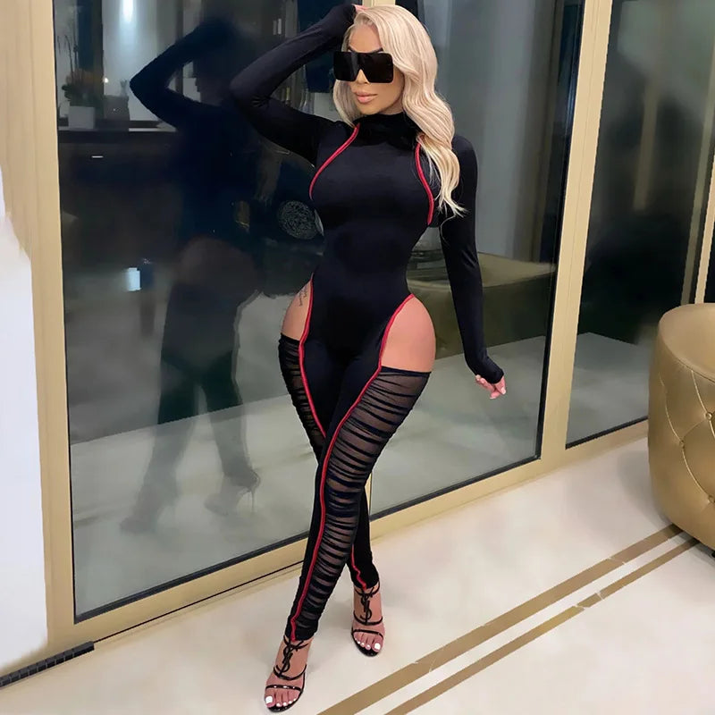 Sexy Mesh Patchwork Evening Jumpsuit Birthday Outfits for Women Party Night Long Sleeve Sheer Bodycon Rompers Womens Jumpsuit