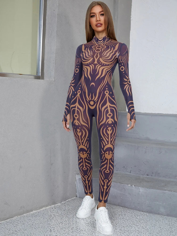 Weird Puss Sexy Striped Print Jumpsuits Women Wild Style Turtleneck Full Sleeve Midnight Party Club Stretch Streetwear Overalls